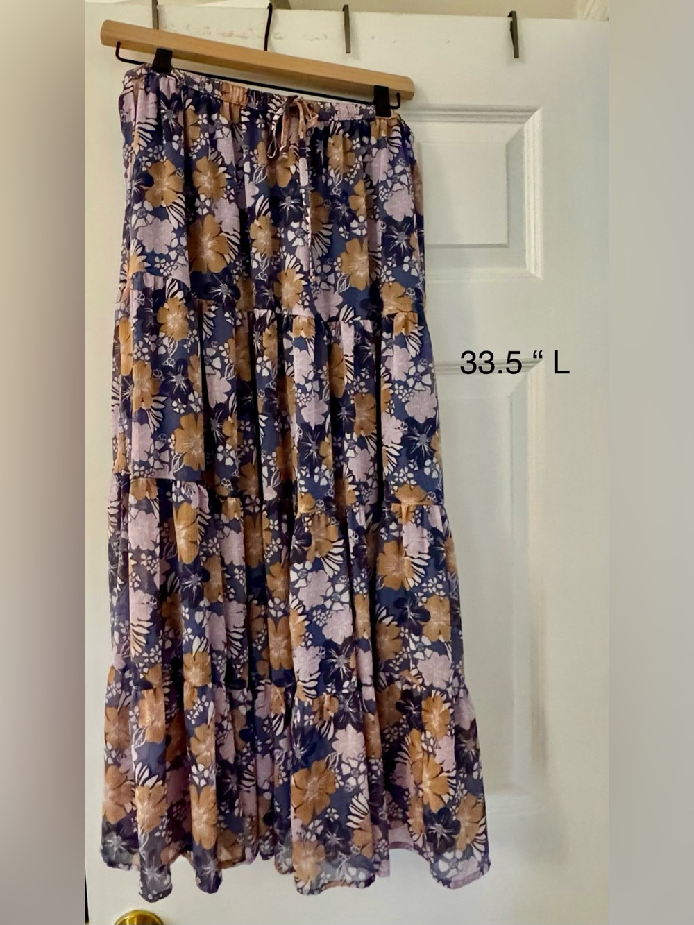 aerie Floral Tiered Maxi Skirt in Navy and Tan